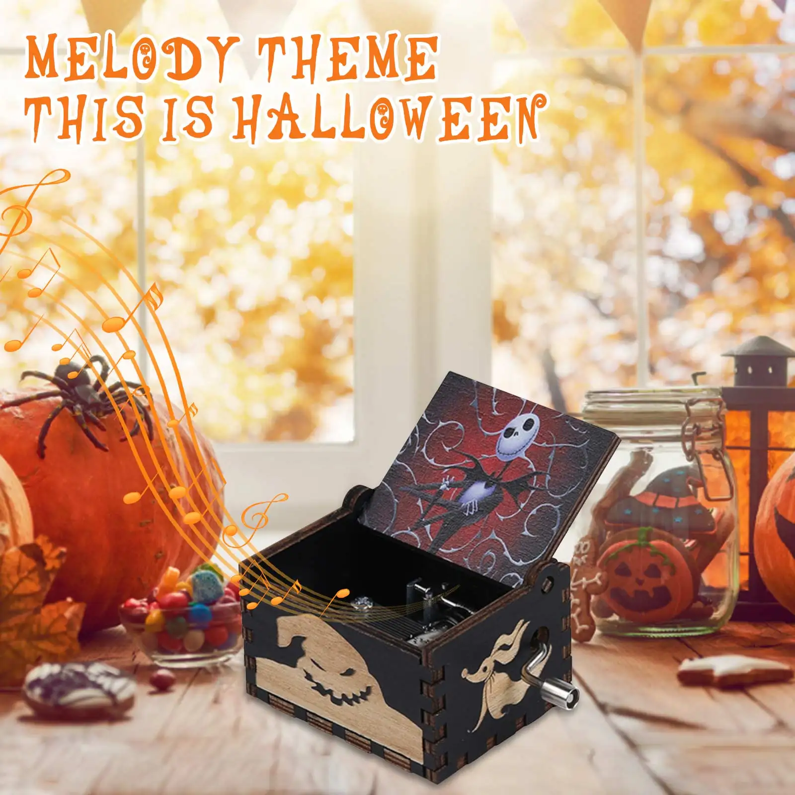 

Halloween Wooden Music Box The Halloween Fright Night Hand Crank Classical Mini Music Box for Party Favors Kids Gifts