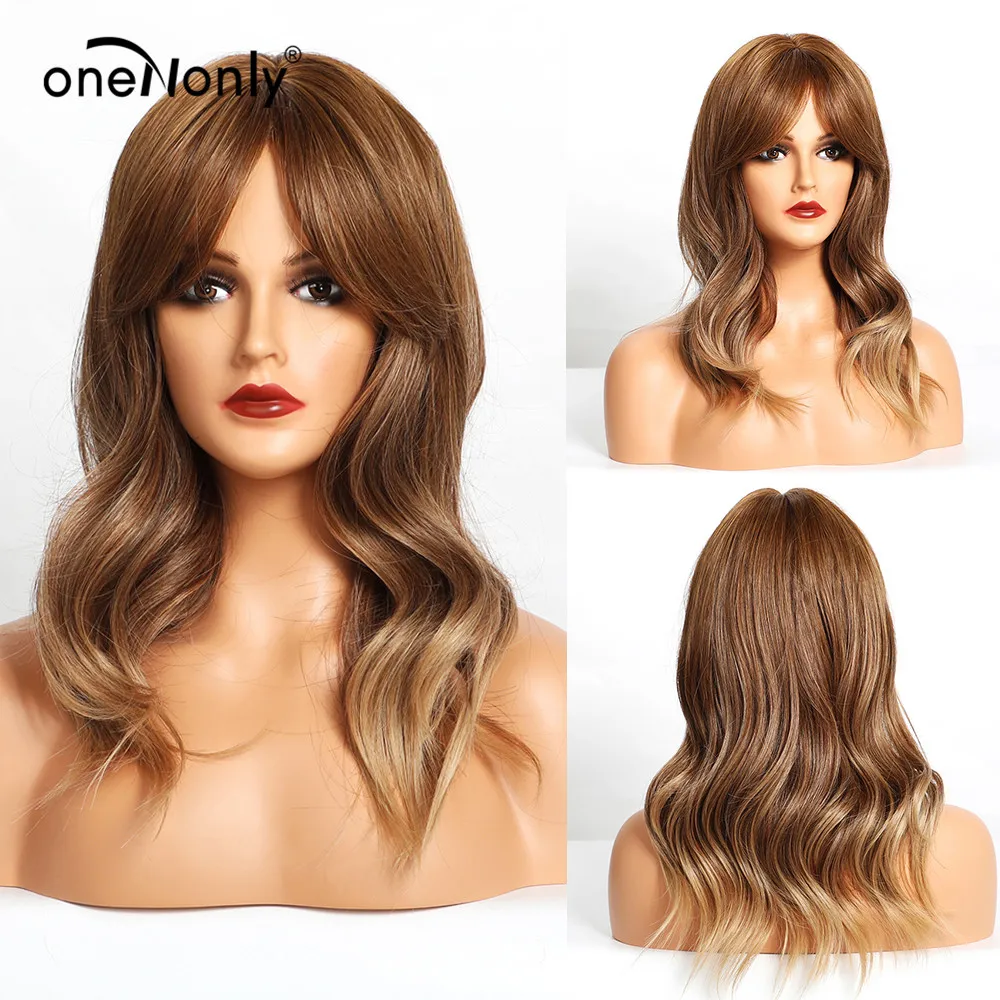 

oneNonly Medium Length Natural Wave Ombre Black Brown Gray Synthetic Wigs with Bangs for Women Cosplay Daily Wig Heat Resistant