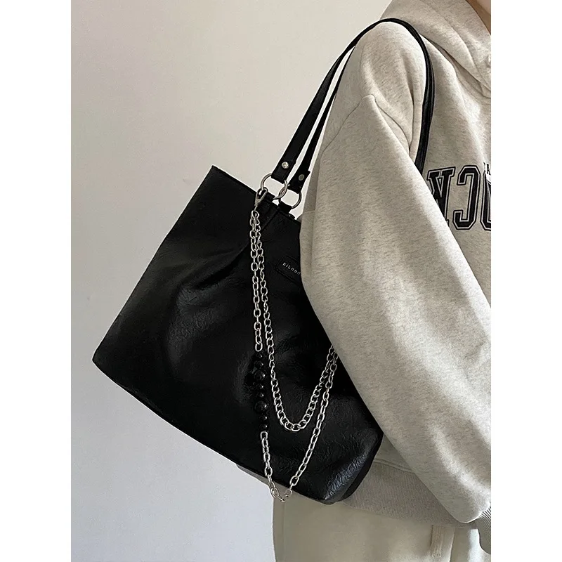 Shoulder Women's Tote Bag Metal Chain Hanging Machine High Quality Pu Leather Large Capacity Shopper Handbag Fashion Woman's Dag