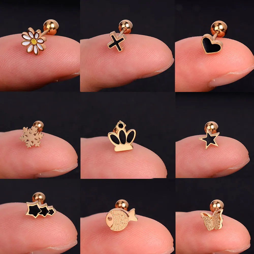 1Pcs Stainless Steel Women Men Geometry  Zircon Star Eye Studs Earrings Butterfly Daisy Tragus Cartilage Piercing Jewelry Gifts