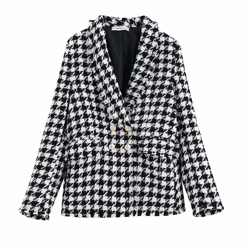 

Street European And American Style New Women's Jacket Double-breasted Houndstooth Casual Blazer