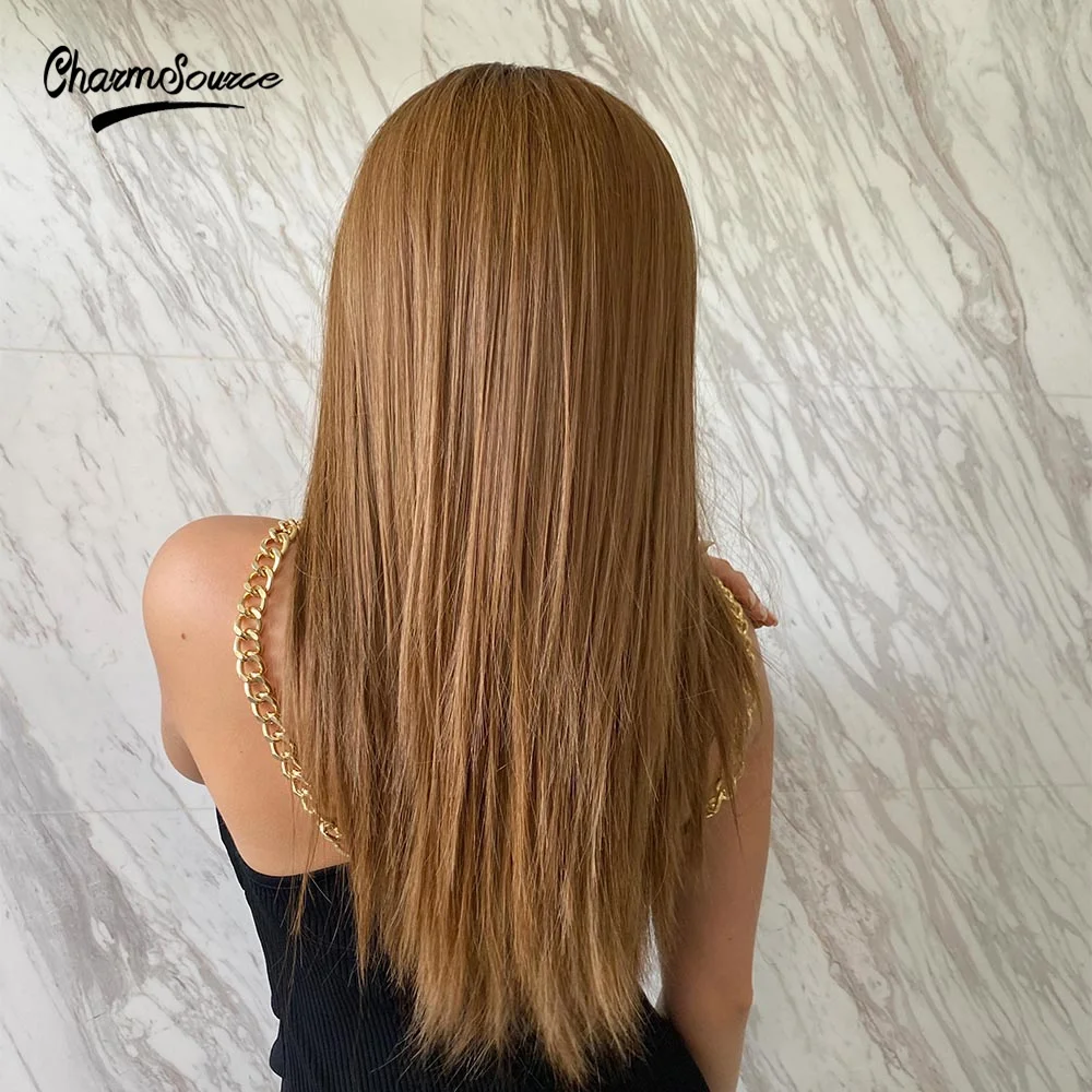 Длинный прямой парик CharmSource темно коричневые синтетические парики с кружевной