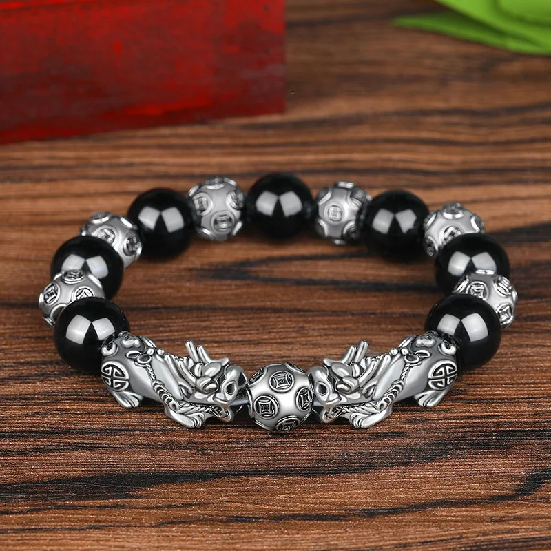 Feng Shui Obsidian Stone Bead Bracelet Men Women Unisex Wristband Silver Color Black Pixiu Animal Wealth Good Luck Bracelet Gift