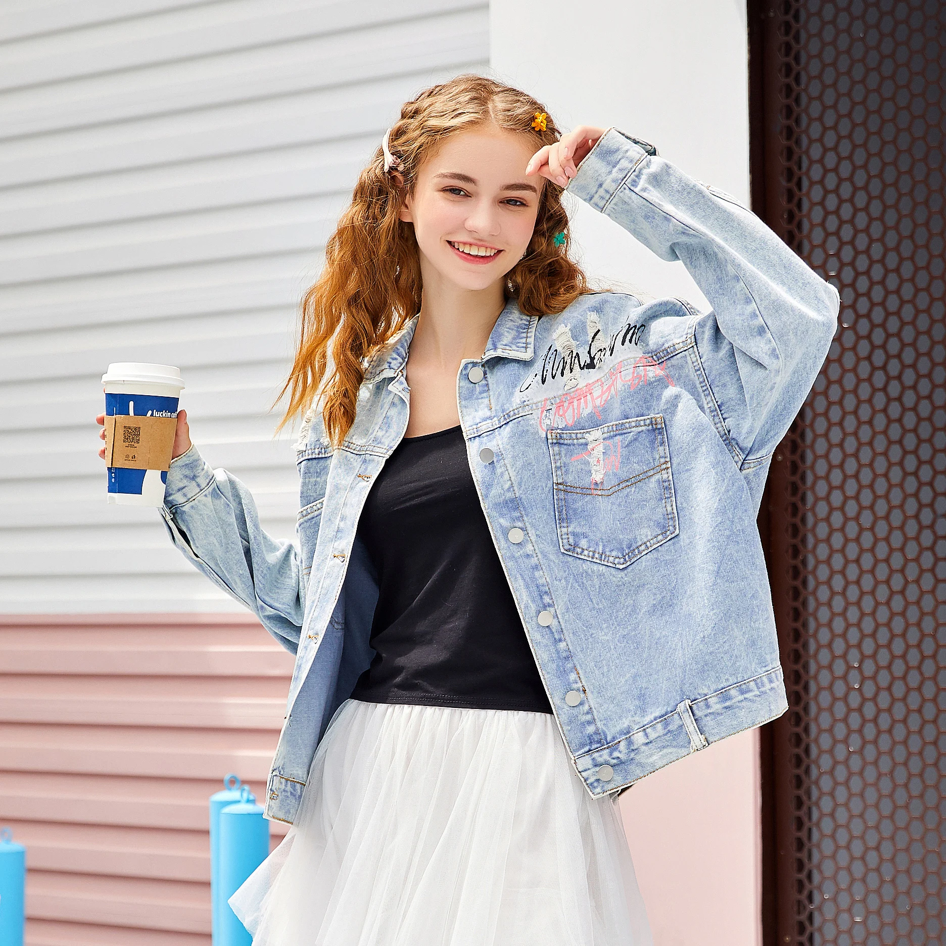 Новая Осенняя Джинсовая Куртка Harajuku с принтом потертая Свободная Повседневная