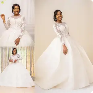 2021 Plus Size Bridal Gowns A Line Wedding Dresses Jewel Neck Long Sleeve Lace Appliques Vestios De Novia