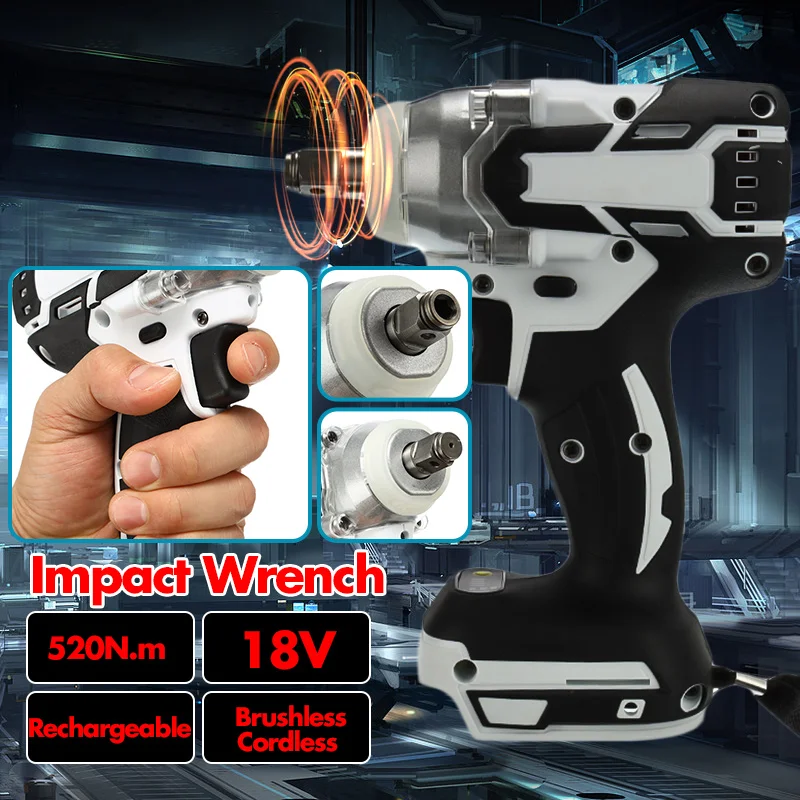 

1280W 18V Brushless Electric Hammer Cordless Drill 240-520NM Torque Adjustable Impact Wrench Power Tool No Charger No Battery