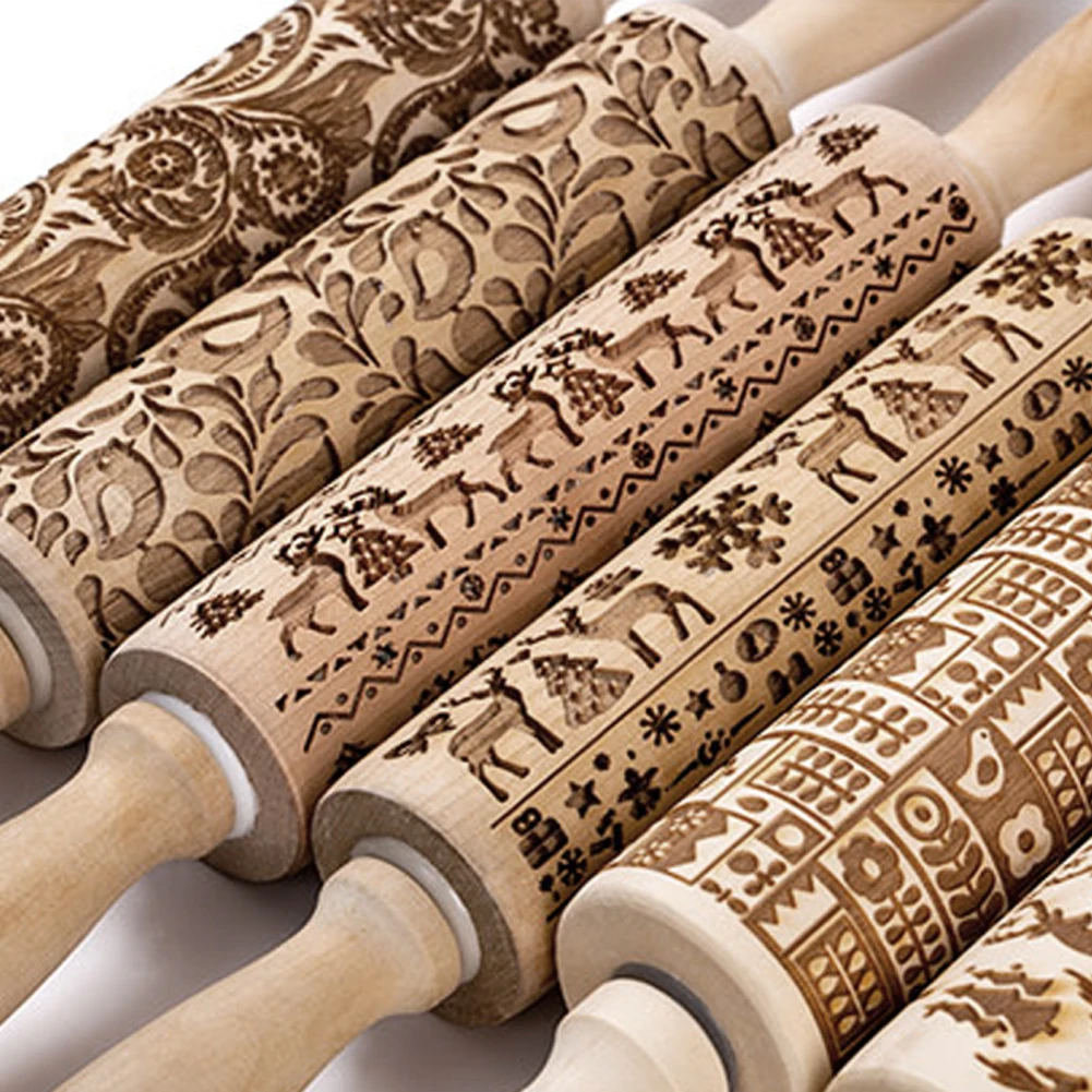 

Christmas Baking Deer Wooden Rolling Pin Embossing Baking Cookies Noodle Biscuit Fondant Cake Dough Patterned Roller Snowflake