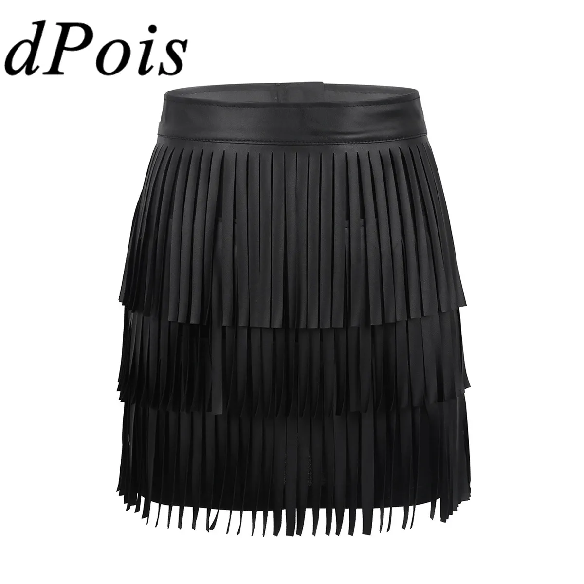 Женская кожаная юбка с кисточками высокая талия бахрома облегающий вечерний