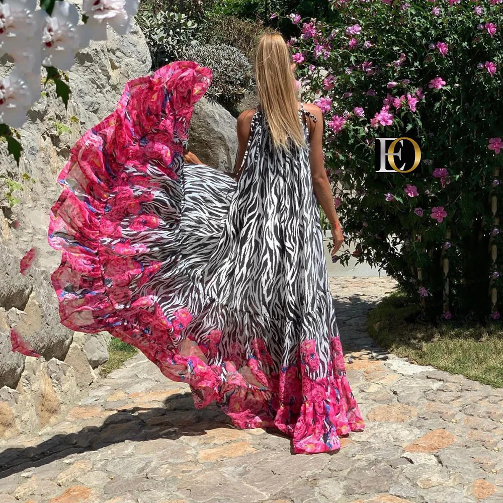 

Vacation High-end Sexy Retro Halter Off Shoulder Free Chiffon Print Long Dress Fashion Nature Women Loose Maxi Dress
