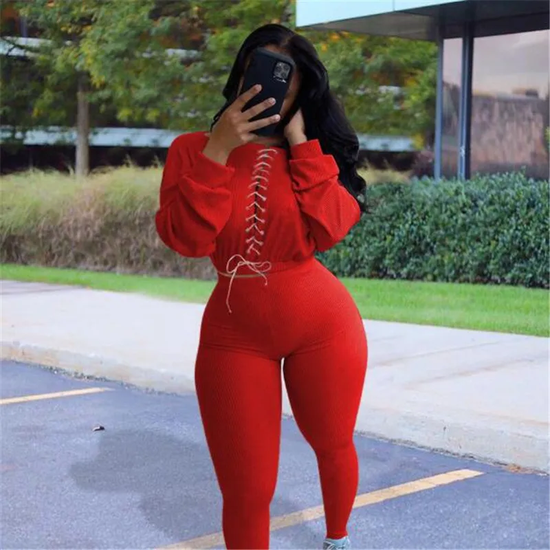 

Ribbed Solid Color 2 Piece Set Women Crop Top Sweatpants Street Club Outfits Casual Autumn Winter Clothes For Women Tracksuit
