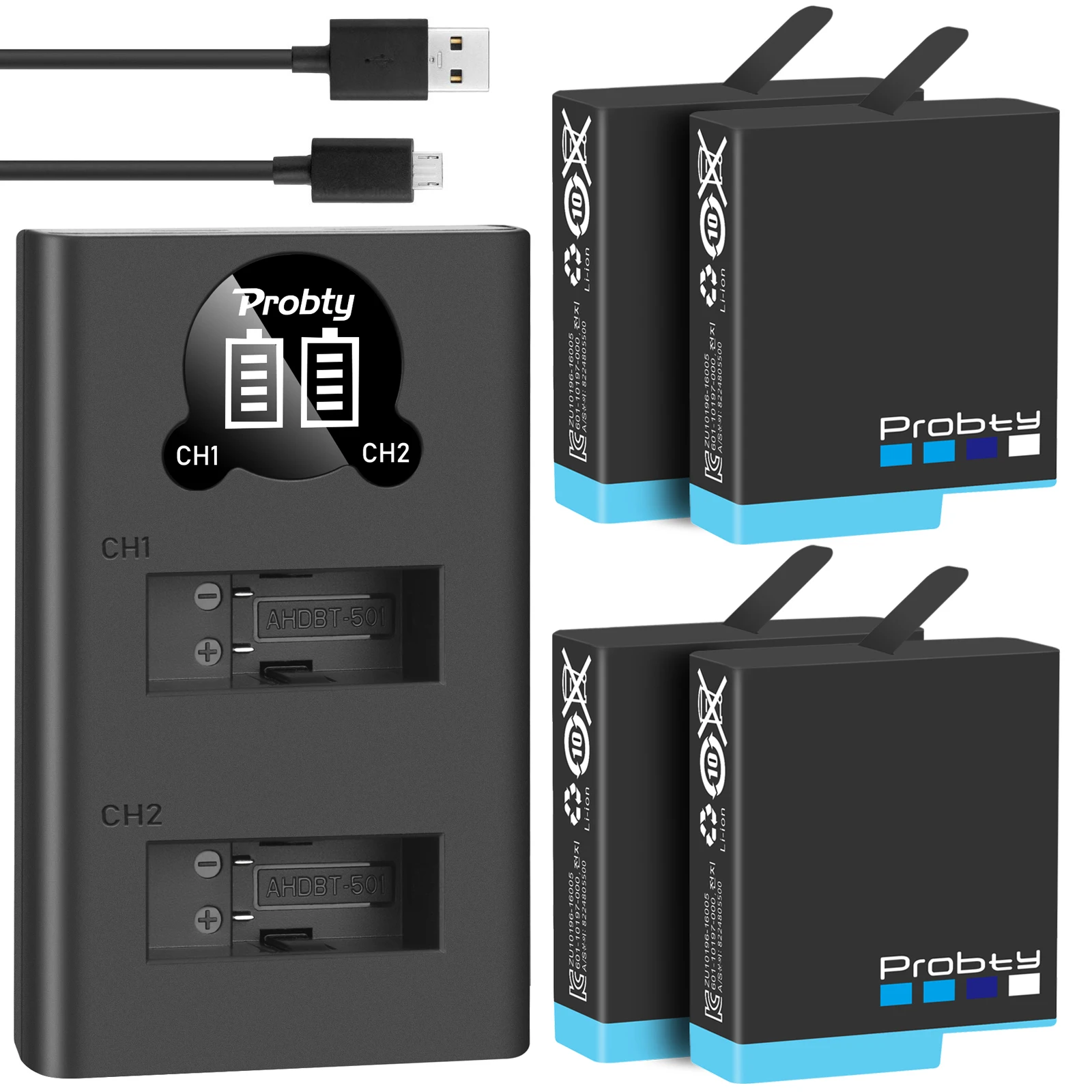 

original Probty For Gopro Hero 8 3PACK Battery 2 Slot Charger Kit Storage Box Charger for Gopro Hero 8 7 Black Hero 6