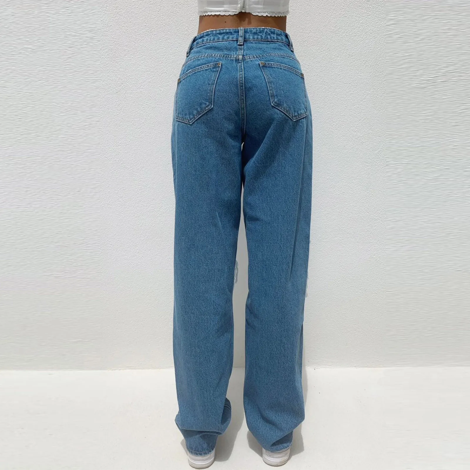 High Waist Jeans Women Sexy Hole Straight Denim Pants Loose Casual High Street Denim Trousers Pantalon