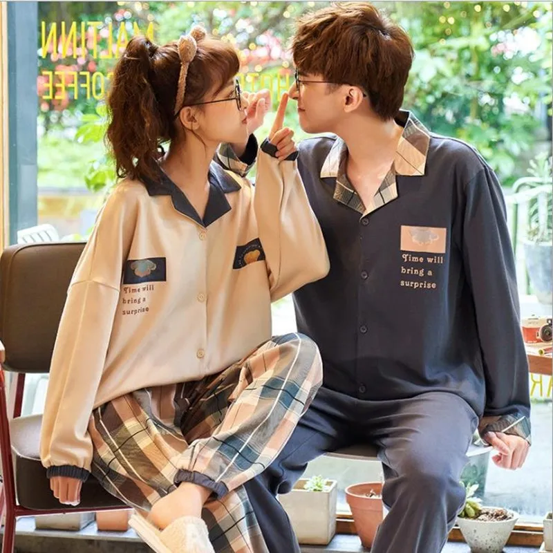 Couples Lovers Pajamas Set Cartoon Sleepwear Homesuit Moon Print Spring/Autumn Pijama Women's Men Night Wear Cotton Mujer Casual