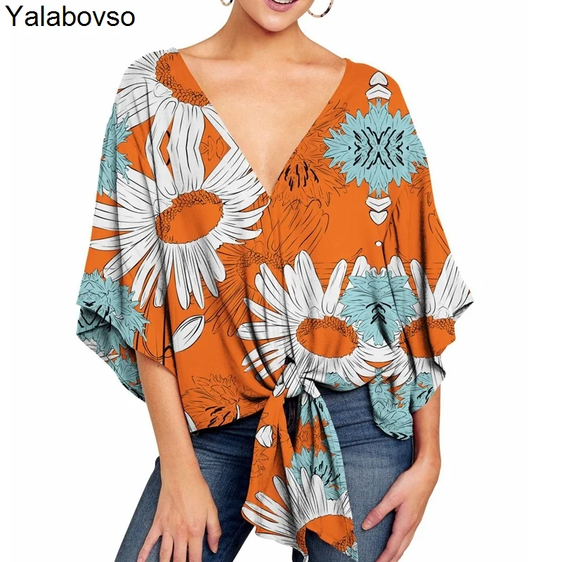 

Thin Soft Tees For Sexy Lady Casual Bohimian Clothing 2020 Women's Shirt Spring Summer V-neck Half Sleeve Flower Print Tops