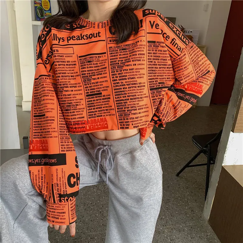 

QWEEK Kpop Korean Style Letter Print Tshirt Streetwear 2021 Fashion Women Harajuku Long Sleeve Graphic T Shirts Crop Top Clothes
