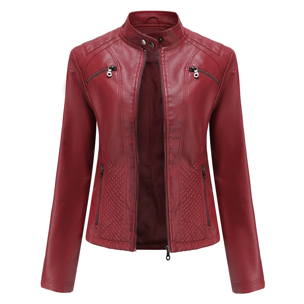 2021 spring and Autumn New Women's casual leather jacket stand collar jacket European and American slim fit jacket