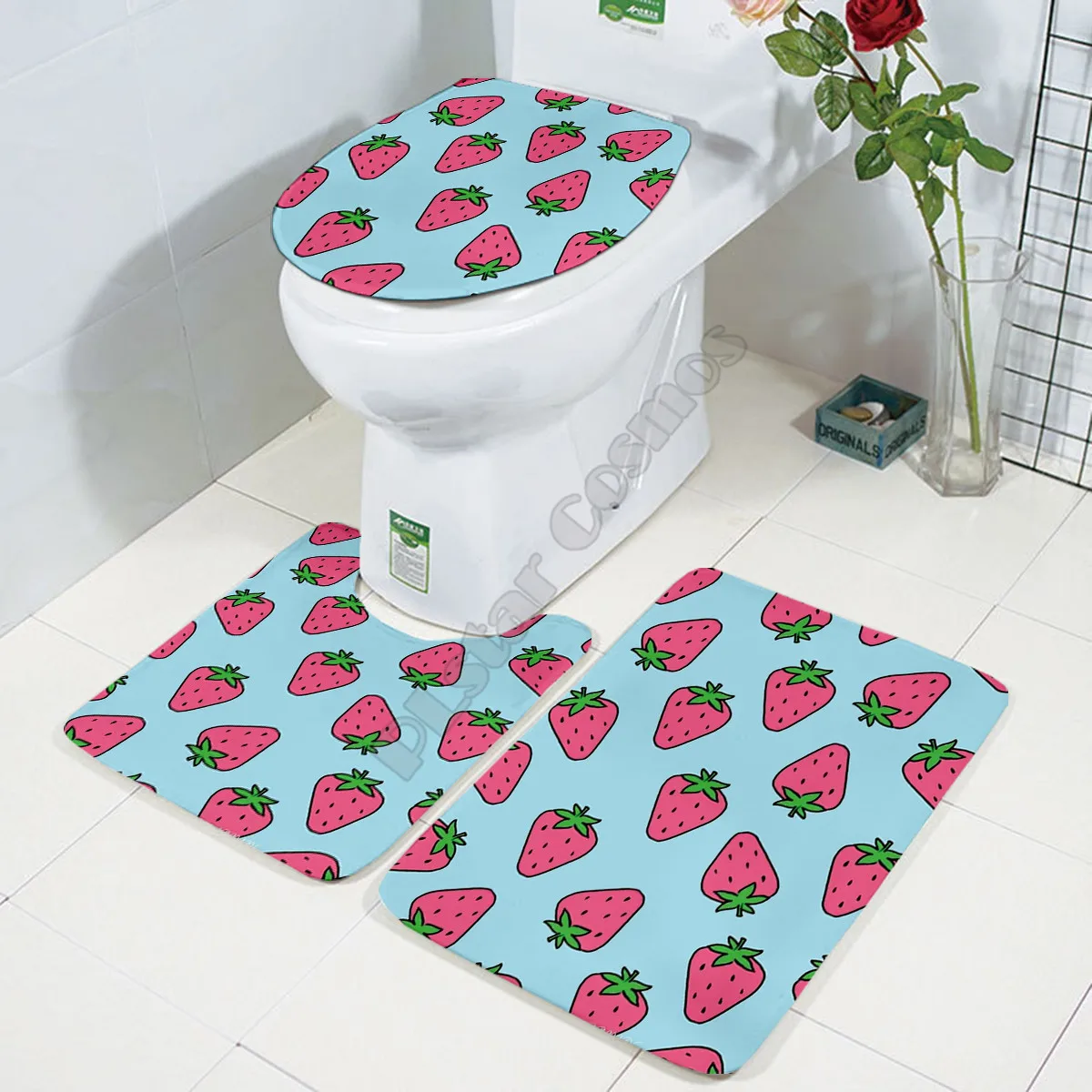 

Strawberry Three-piece set 3D printed Bathroom Pedestal Rug Lid Toilet Cover Bath Mat Set 04