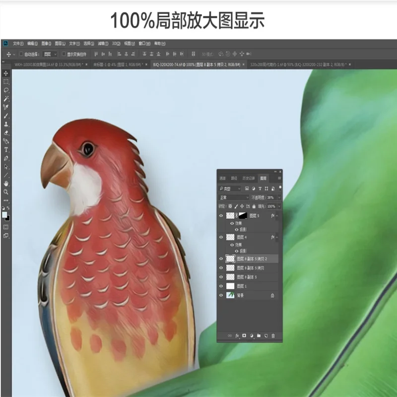 HD Ручная роспись Картина маслом лист тропического растения попугай мраморный