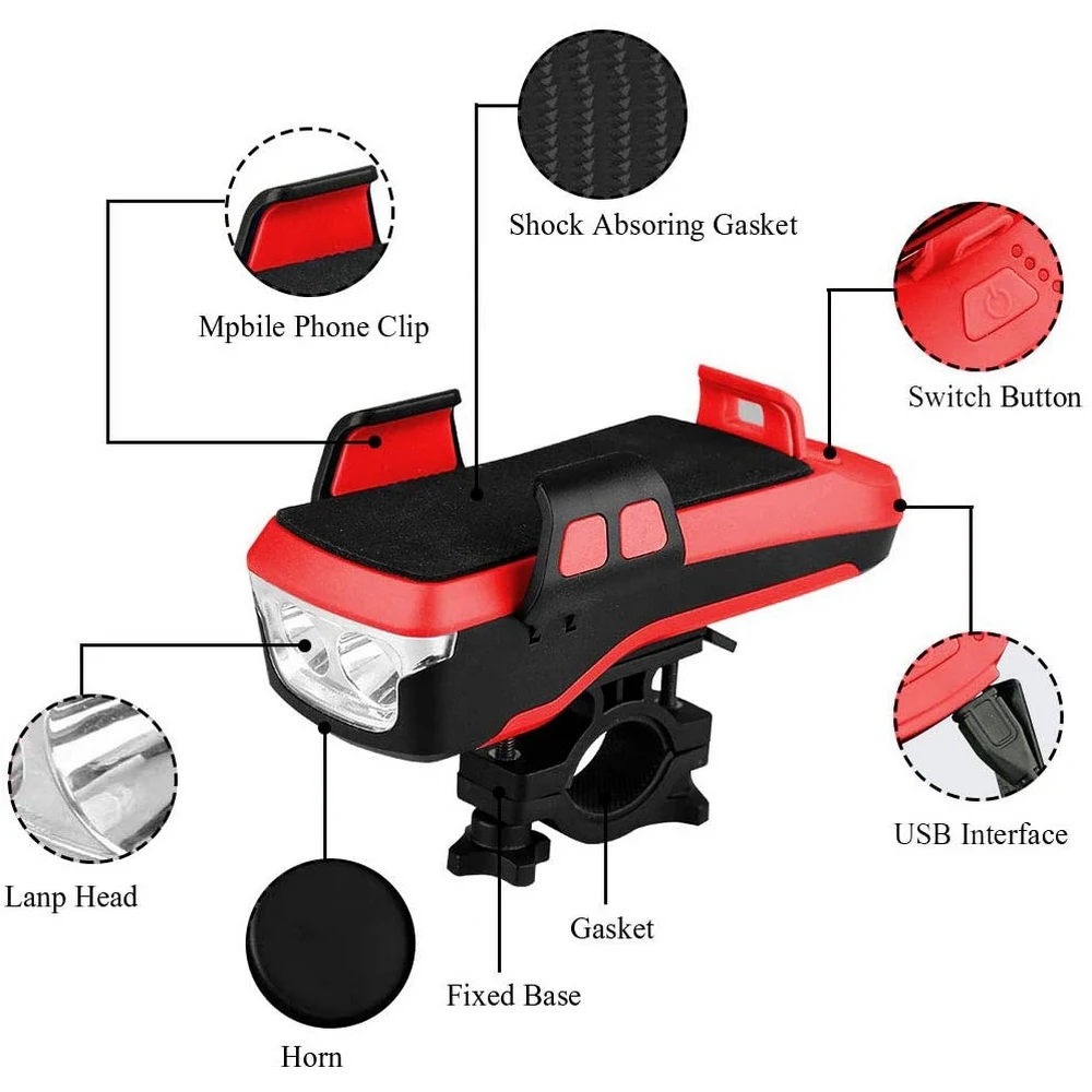 

New 4 In 1 Bicycle Ride LED Headlight Bicycle Light USB Charging Light Waterproof Multifunctional Speaker Mobile Phone Stand