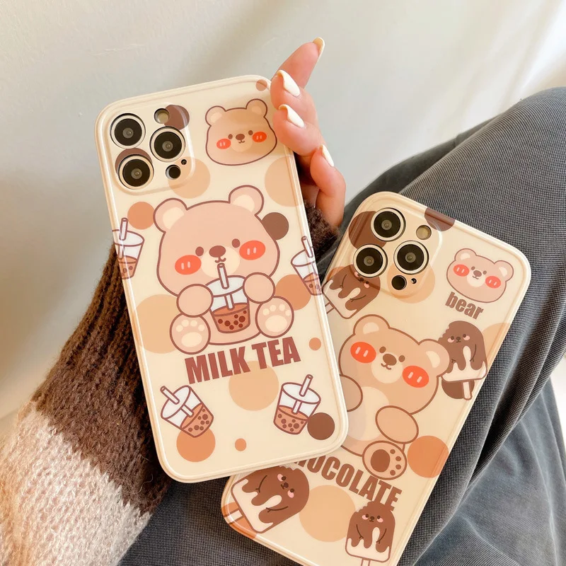 

Cute milk tea ice cream bear Soft Silicone Phone Case for iPhone 12 Pro 7 8 Plus 13 X XS XR MAX SE 2 Fashion Back Cover