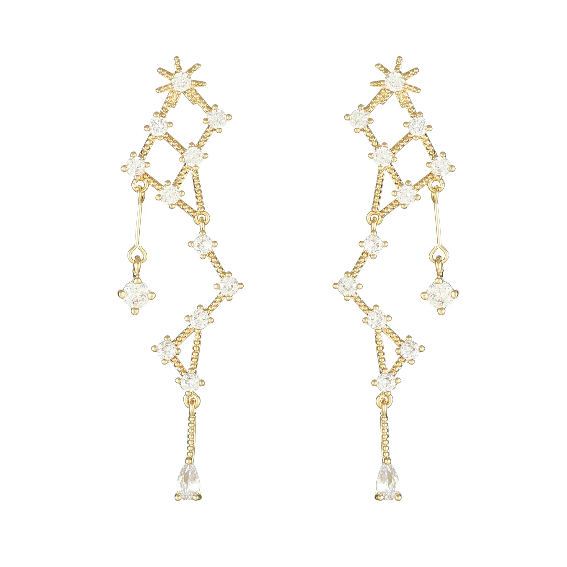 

Luxury Cubic Zircon CZ Irregular Long Stud Earrings for Women Japanese&Korea New Style 14K Real Gold Earrings