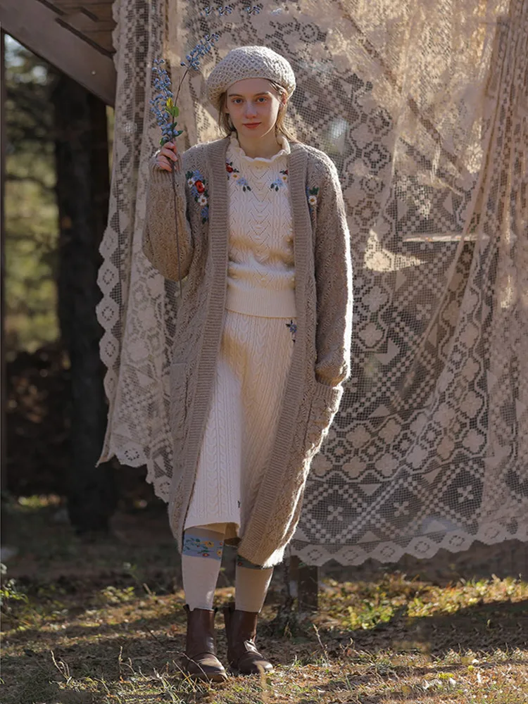 

Fall Winter Sweater Women Mori Girls Elegant Handmade Embroidery Wool Knitted Sweater Coat Casual Warm Oversize Long Sweater