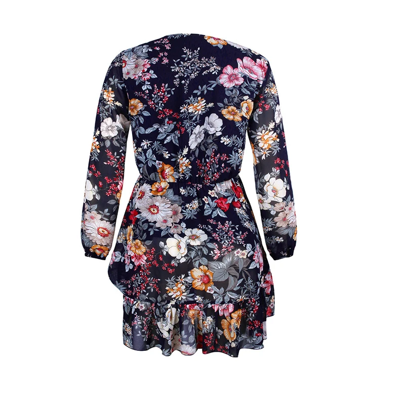 

Women's Floral Print Ruffle Mini Dress Female Elegant V Neck Long Sleeve Dresses Spring Vintage Casual Beach Party Club Vestidos