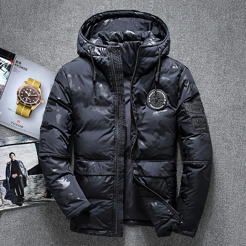 Мужское уличное зимнее пальто на белом утином пуху утепленные ветрозащитные
