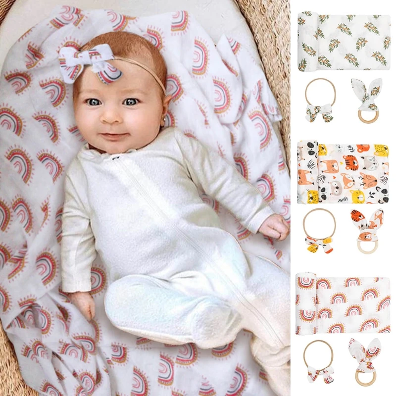 

3 Pcs Newborn Swaddle Wrap+Headband+Teether Set Baby Receiving Blanket Hair Band Rabbit Ear Wooden Ring Soother Kit
