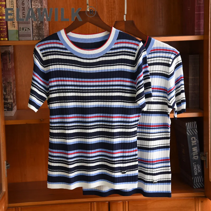 

Chic women's high quality Stripe Knit T-shirt 2021 Spring summer fashion women knit Tee tops B863