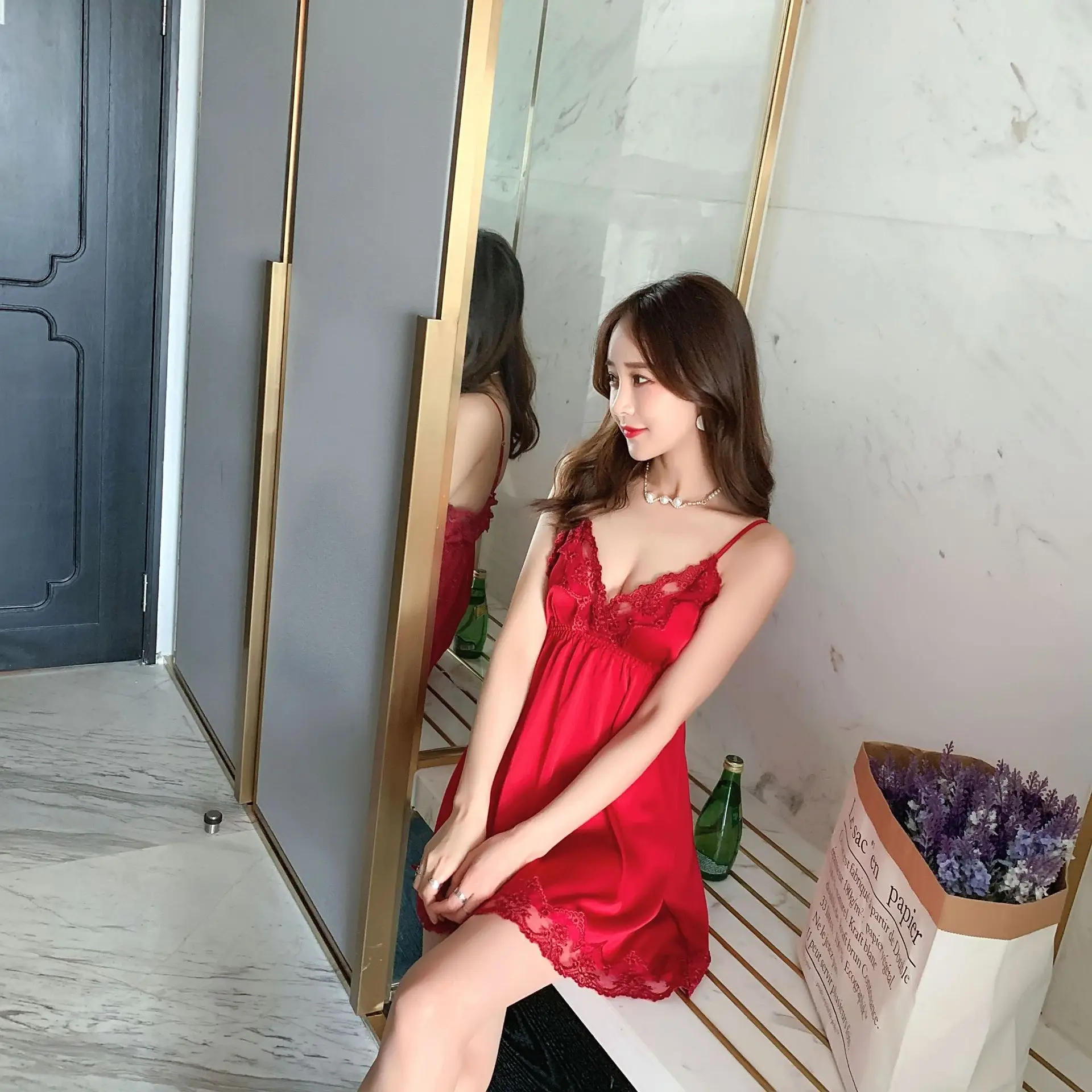

Summer sexy suspender skirt silk thin nightdress ladies silk home wear pajamas