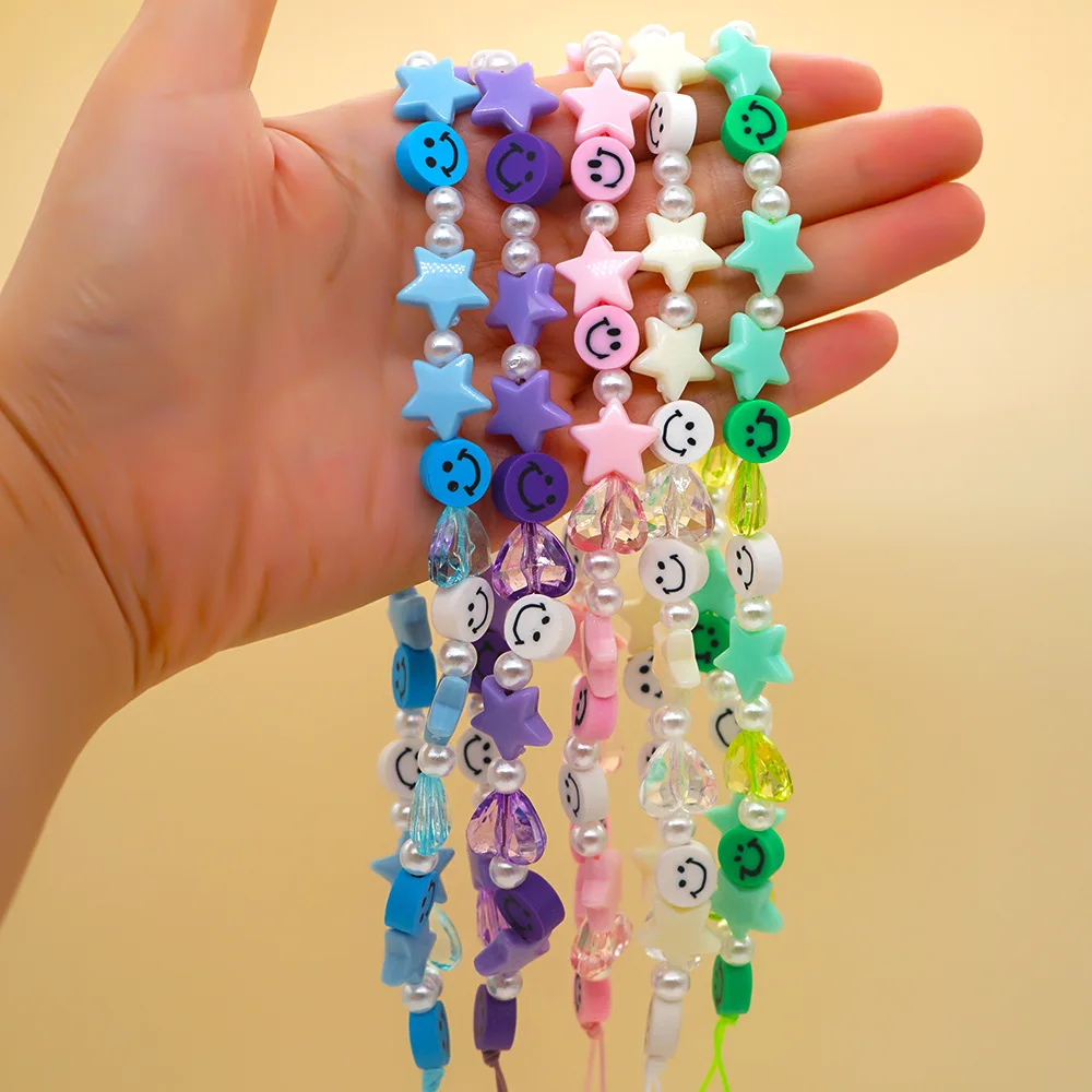 Colorful Smile Pearl Star Soft Pottery Mobile Phone Strap Lanyard For Women Ladies Fashion Jewelry Phone Case Hanging Cord