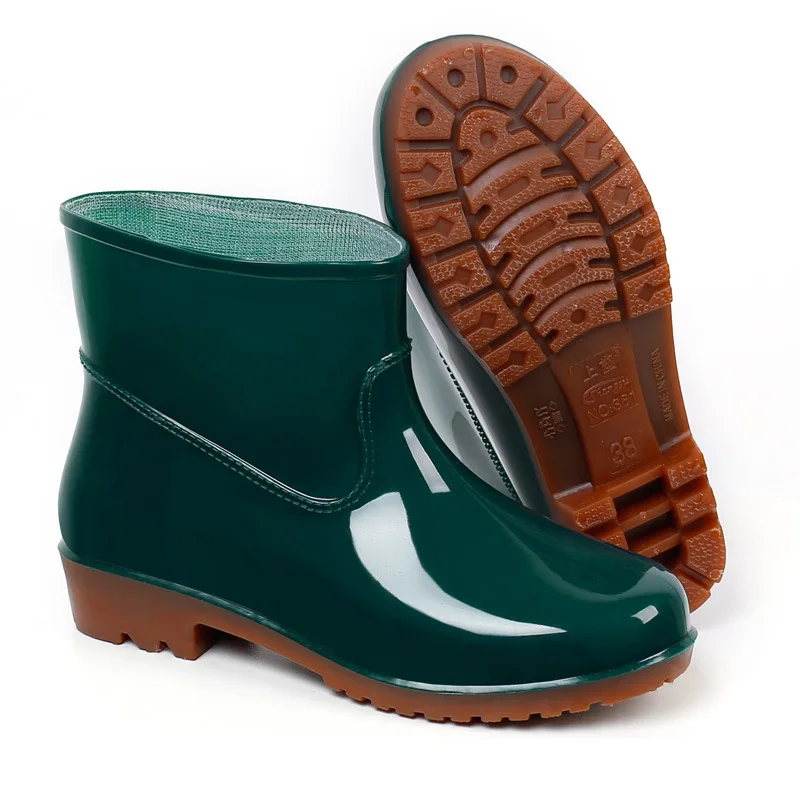 

QW Short Tube Rain Boots Women's Low-Cut PVC Beef Tendon Platform Fleece-Lined Solid Color Work Shoes Waterproof Rain Boots