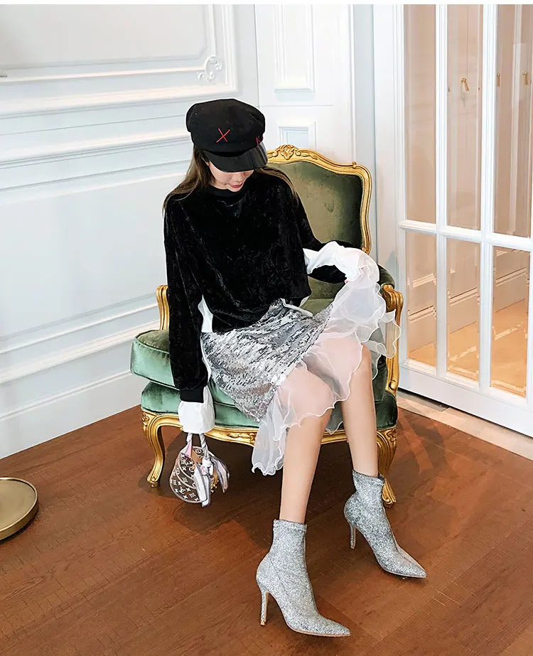 

New slim elastic silver Sequin high heeled Martin boots slim heels socks boots black short boots women