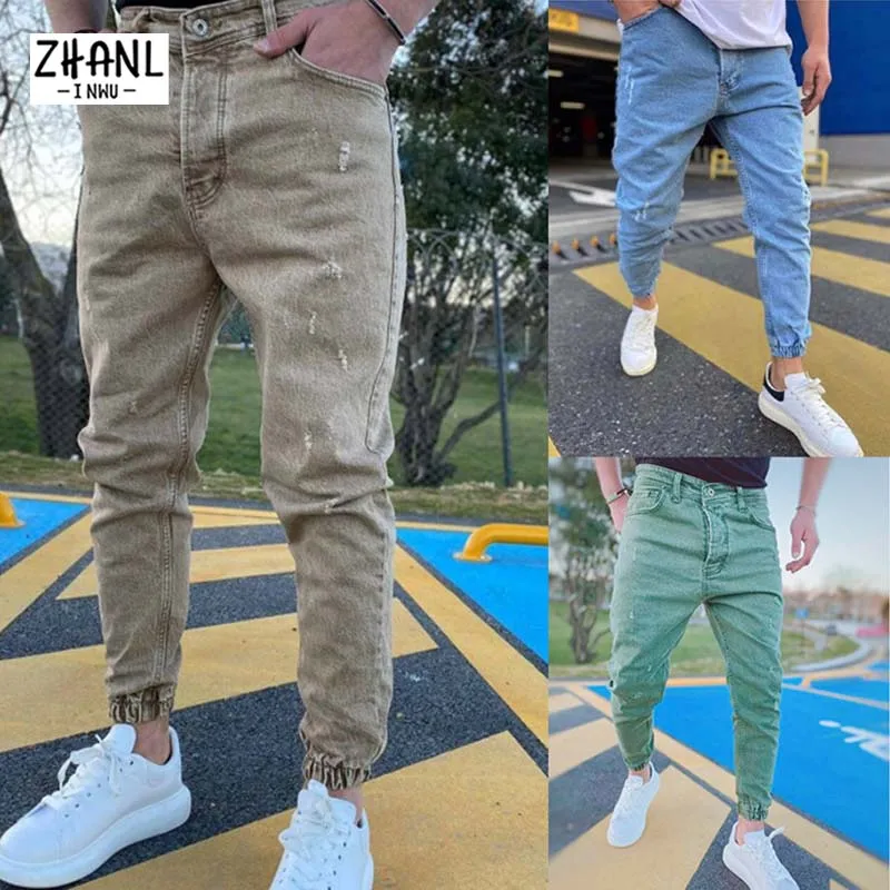 2021 Autumn Men Joggers Cargo Pants for Men Harajuku Cotton Scratched Jeans Biker Casual Denim Trousers Skinny Fit Sweatpants