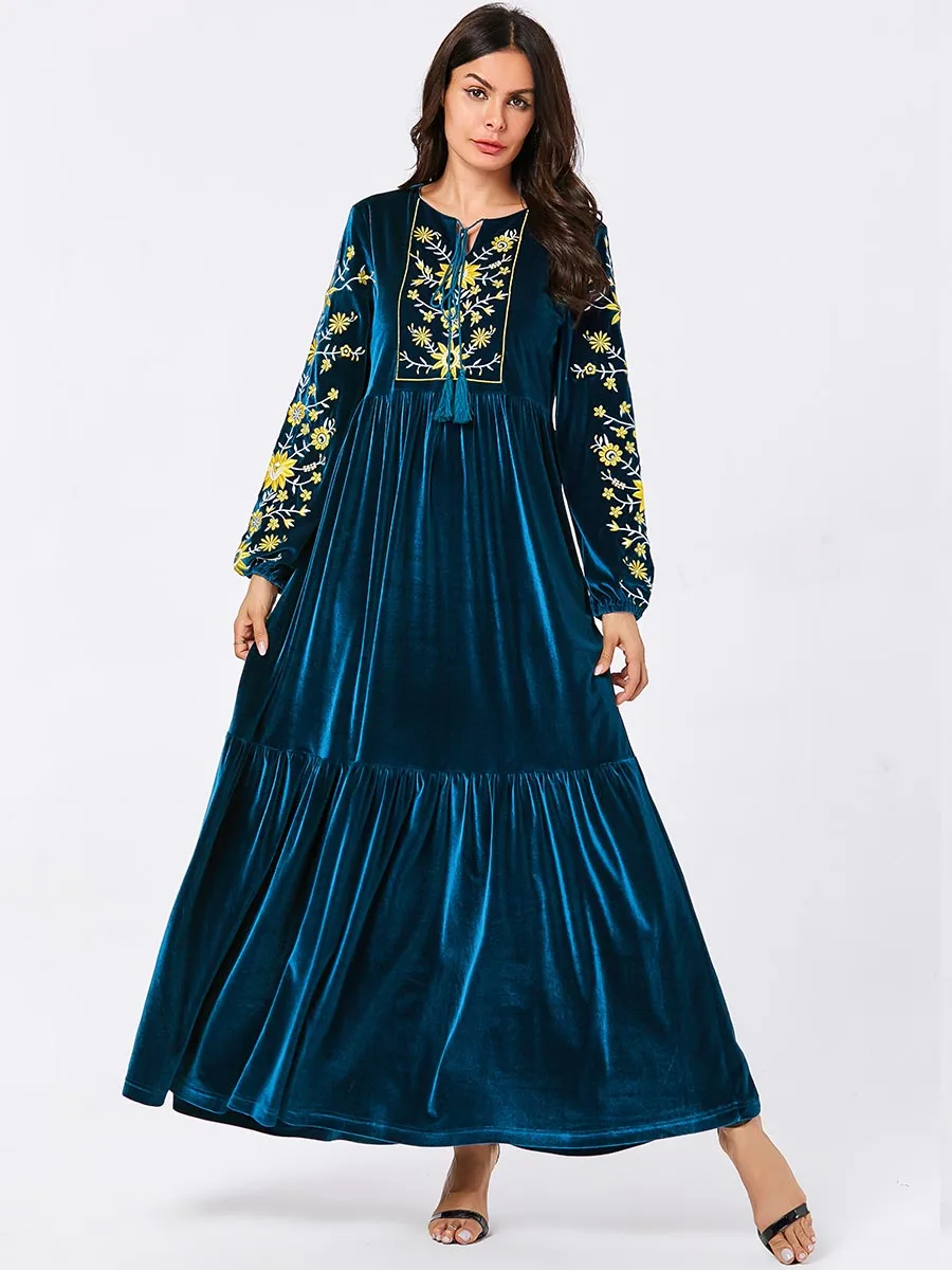blue velvet BNSQ Модное Длинное Платье с цветочной вышивкой осеннее платье тонкое платье из плотного бархата зимнее платье из двух тканей - Color: blue velvet