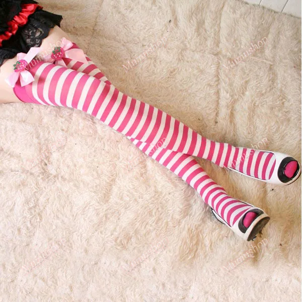 Red Stripe Девушки косплей панк Рок милые Лолита клубника Полосатый готический крест-накрест Галстуки непрозрачные держать до бедра высокие верхние чулки колготки - Цвет: Red Stripe