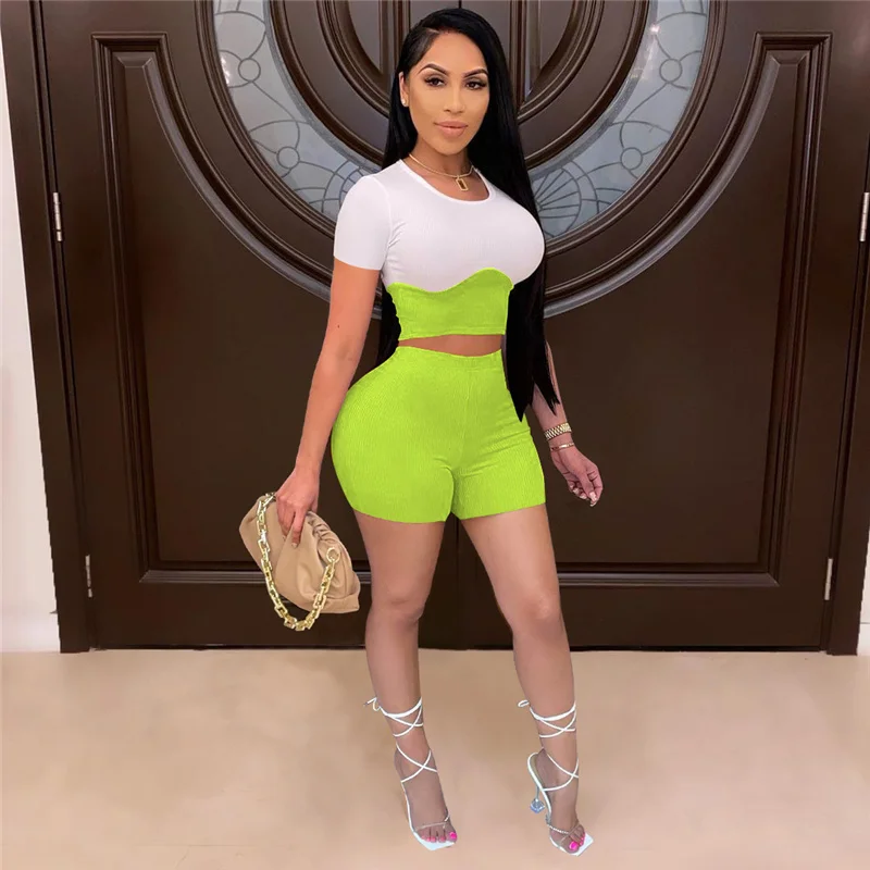 

Zoctuo Two Pieces Sets Casual Slim Short Suit Women Strip Elastic Patchwork Knit O Neck Short Sleeve T Shirt Bikes Shorts