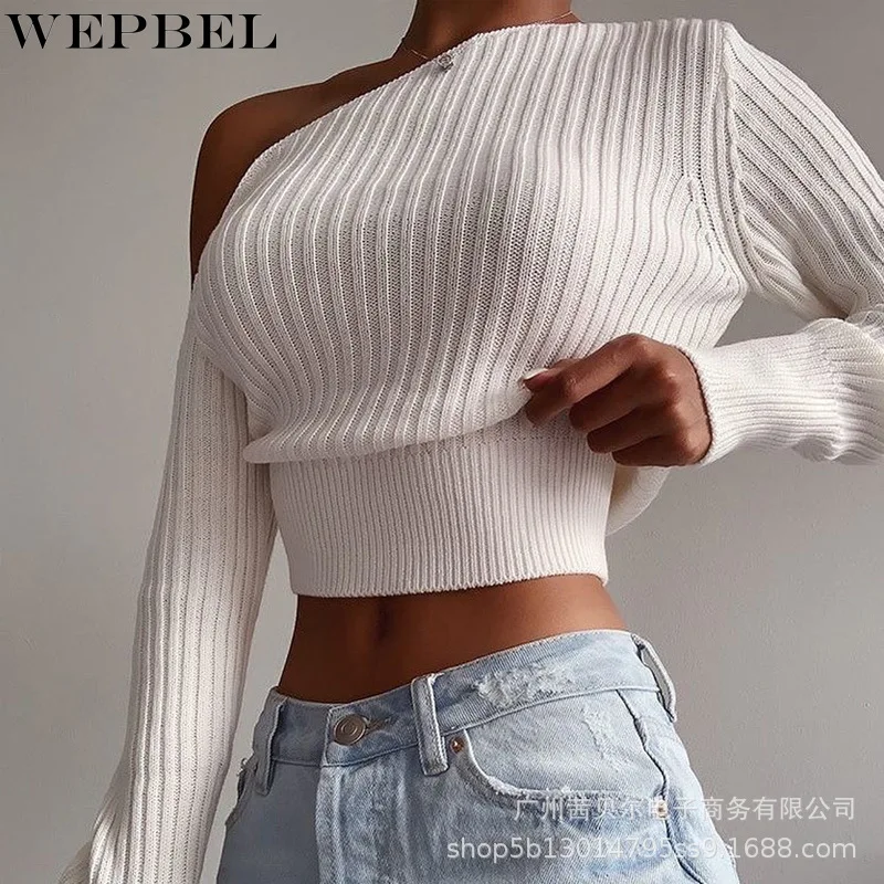 

WEPBEL Sweater Women's Sexy Slim Solid Color Slash Neck Sweater Autumn Fashion Long Sleeve One Shoulder Pullover Sweater