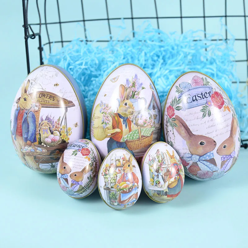 

1pc Easter Egg Tinplate Box Cartoon Rabbit Printed Fillable Metal Eggs Candy Chocolate Boxes Gift Bags Happy Easter Bunny Decor