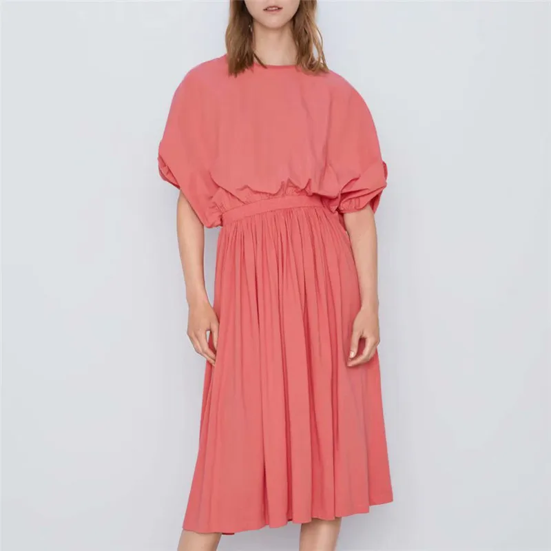 Элегантный цвет Красного арбуза миди платье эластичный пояс для женщин 2019 модные