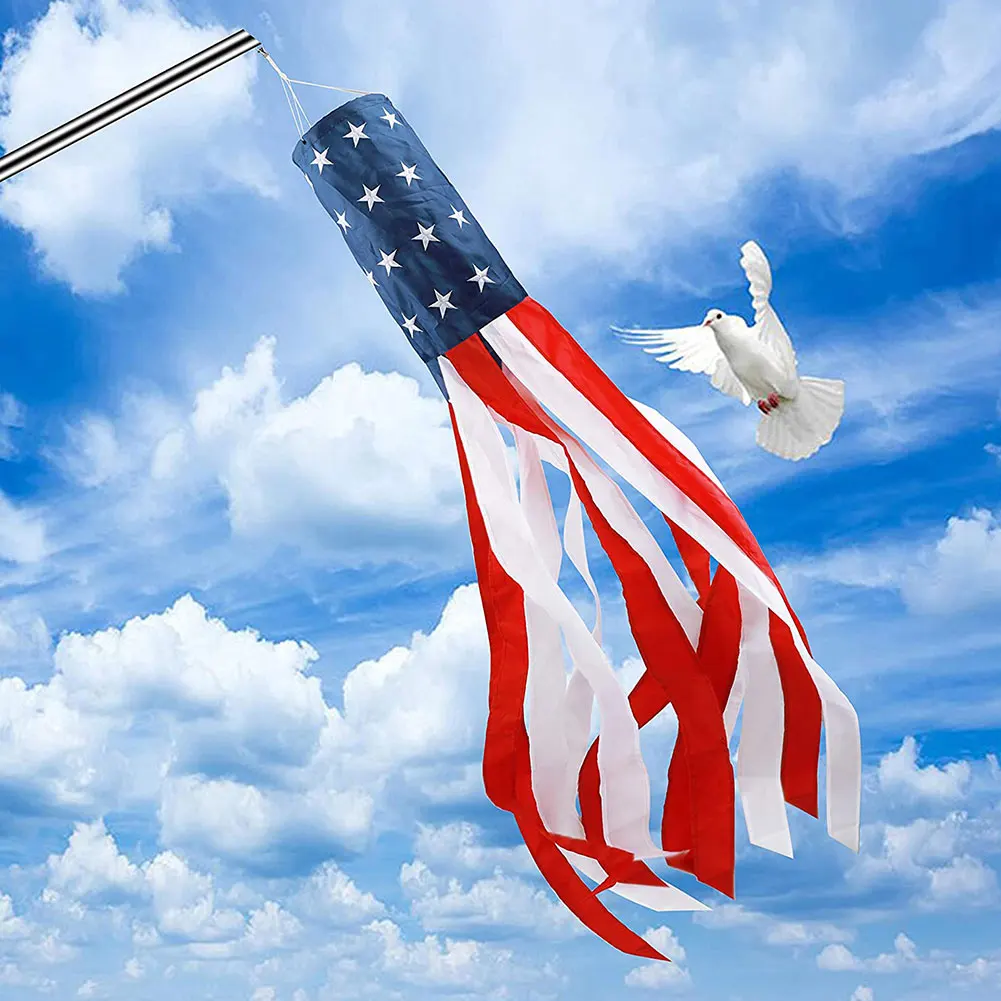 

2PCS American Flag Windsock Embroidered USA Flag Hanging Patriotic Decorations For Independence Day Flag Day Decorations Outdoor