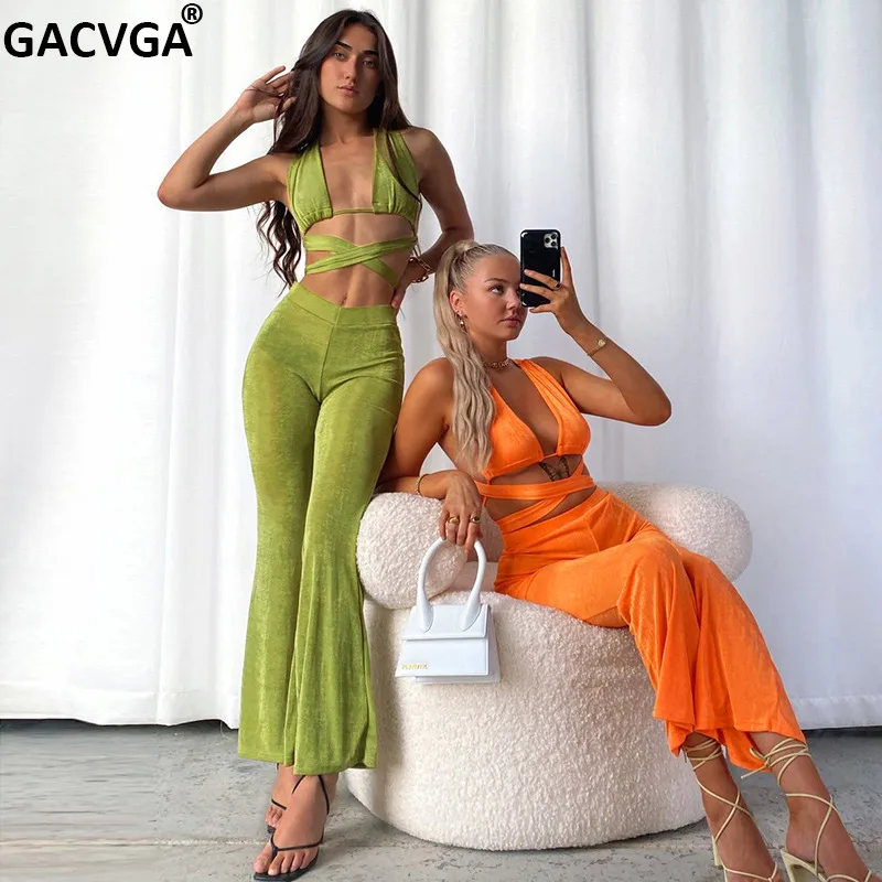 

Женский спортивный костюм GACVGA, зеленый комплект из двух предметов, короткий топ и широкие штаны, лето 2021