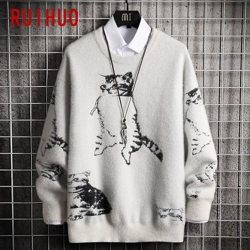 RUIHUO Cat мужской свитер вязаный Топ пуловер мужская одежда мужские свитера 2021 Новое