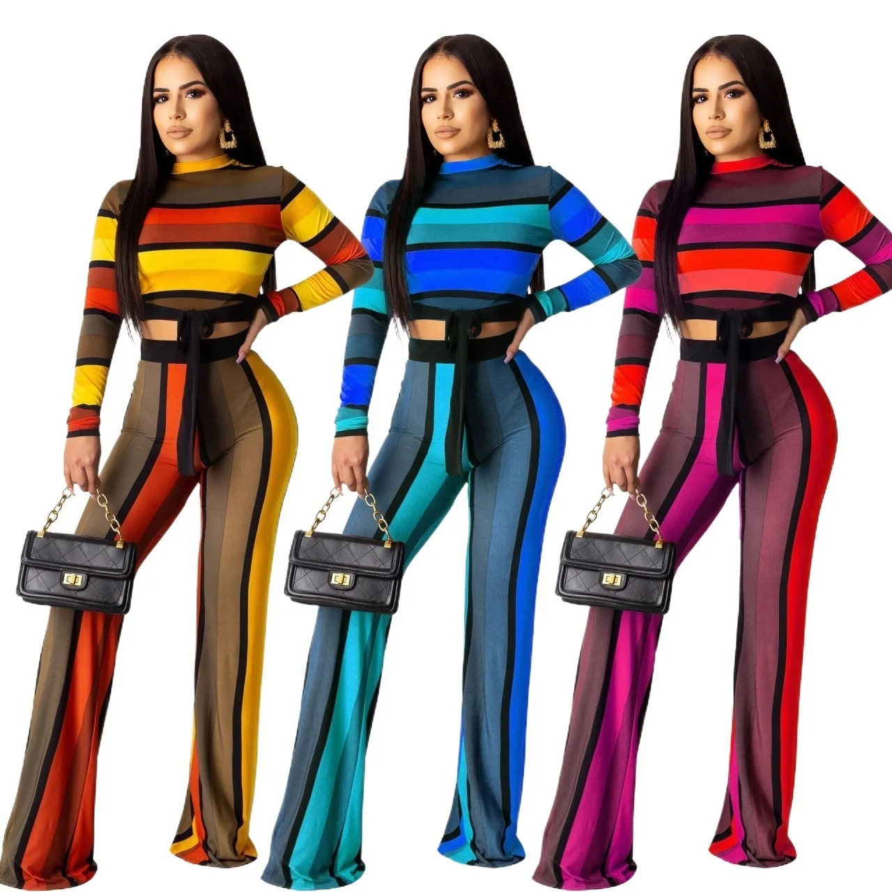 

Женский Повседневный комбинезон в полоску, комбинезон с длинным рукавом и молнией спереди, с расклешенными рукавами