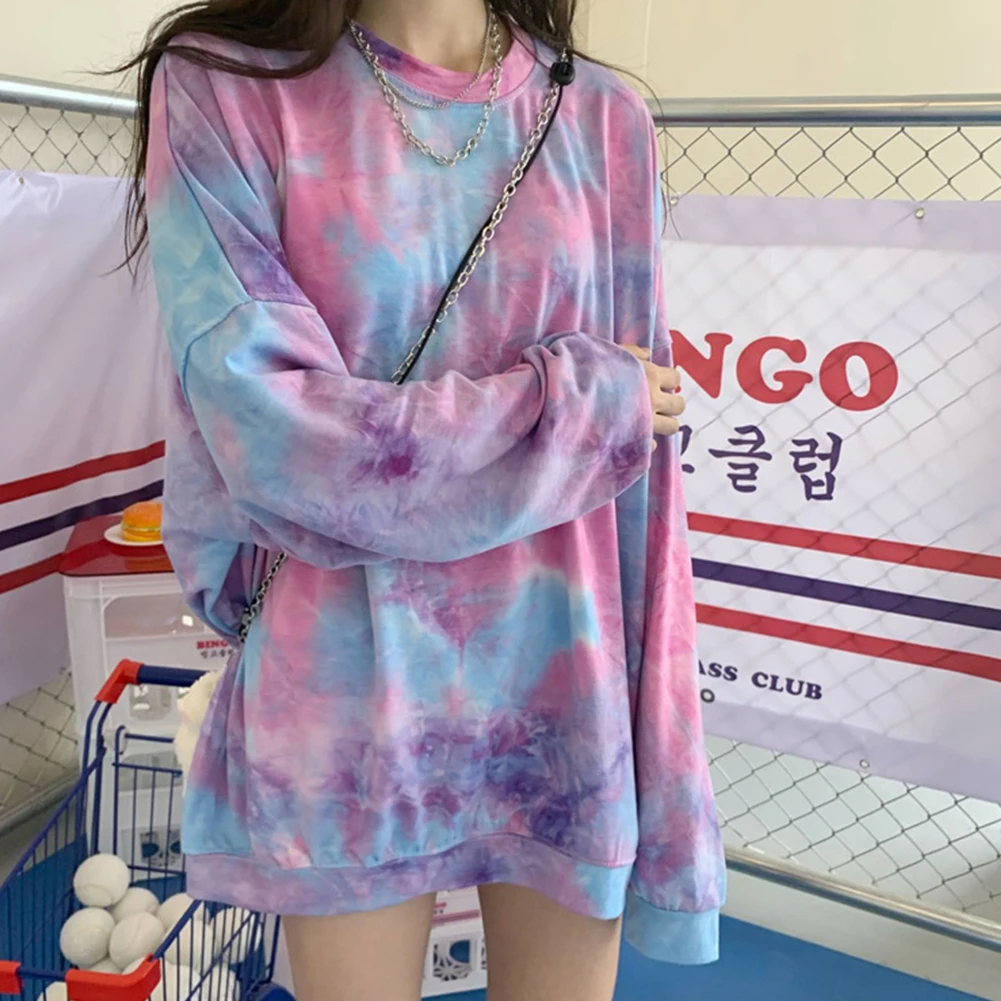 2020 Women Fashion Long Sleeve O Neck Tie Dye Pullover Loose Blouse Sweatshirt Hoodie  толстовка женская sweatshirt women