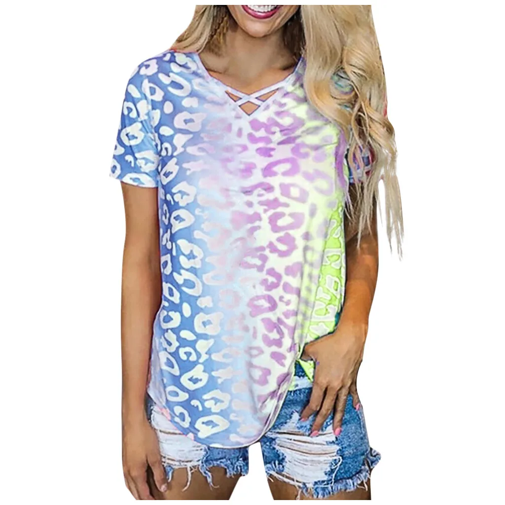 Womail 2020 Summer Women's t-shirt Fashion Tie-Dye Leopard T Shirts Harajuku Casual Cross V-Neck Gradient Short Sleeve Tee Tops | Женская