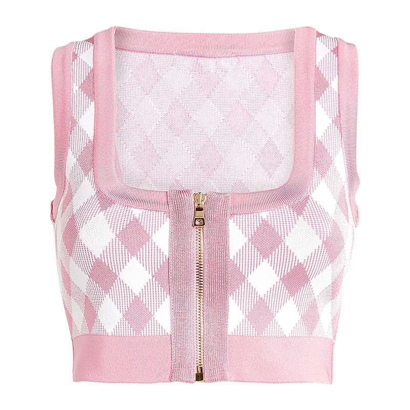 

HIGH STREET Newest Fashion 2021 S/S Designer Tops Women's Zip Plaid Knitted Crop Tank Tops