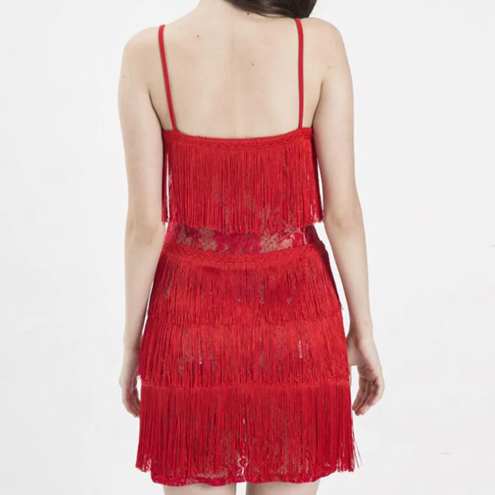 Красное Сетчатое кружевное платье с кисточками женское облегающее без рукавов