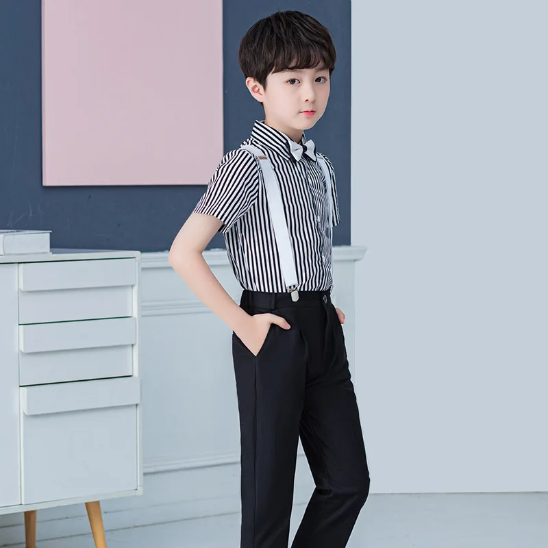 

2021 New Children's Clothing Summer Children's Shirt Suspender Pants Two-Piece Boys' Striped Shirt